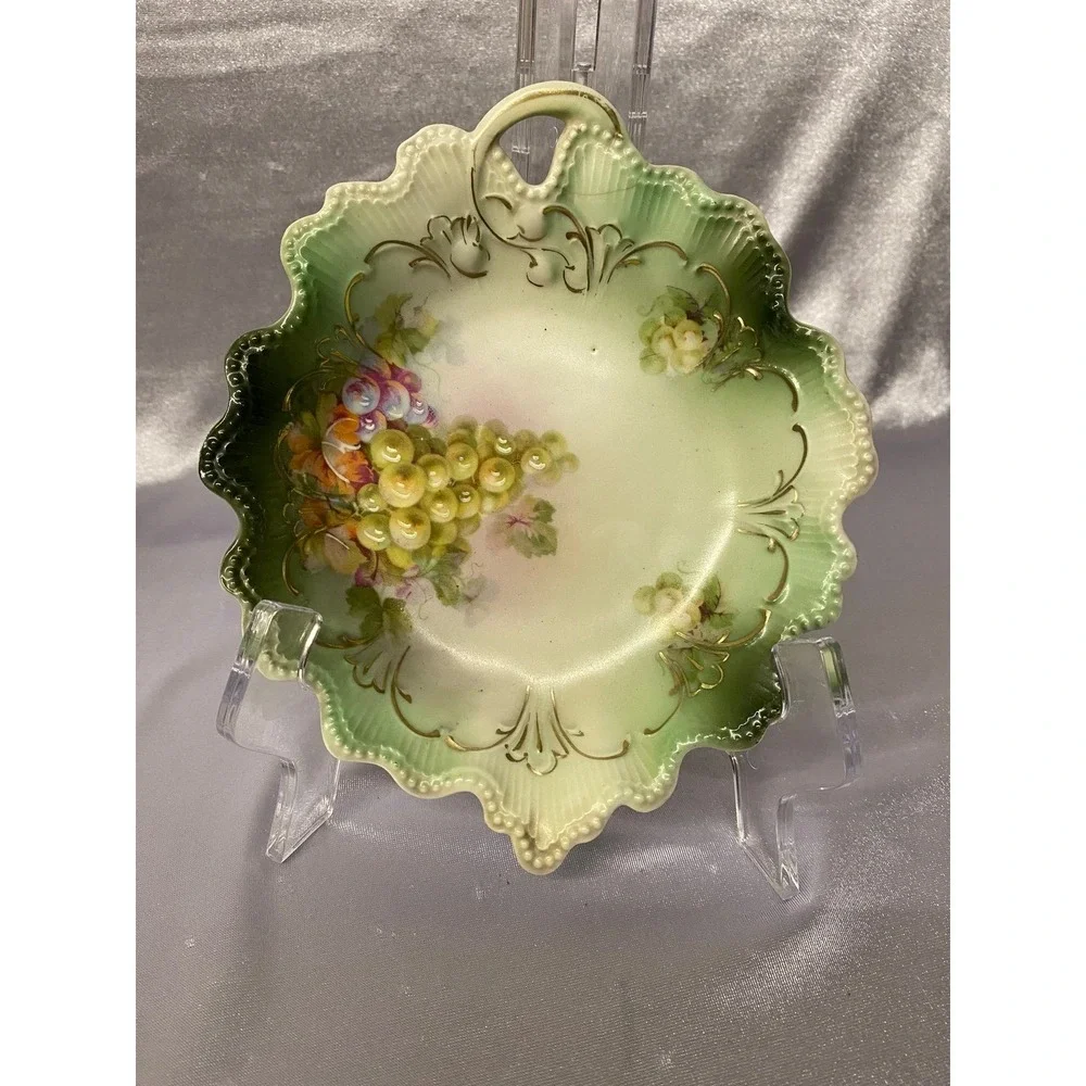 Two Antique Hand Painted Austria Bowl And Saucer Painted /Green Grapes PreOwned